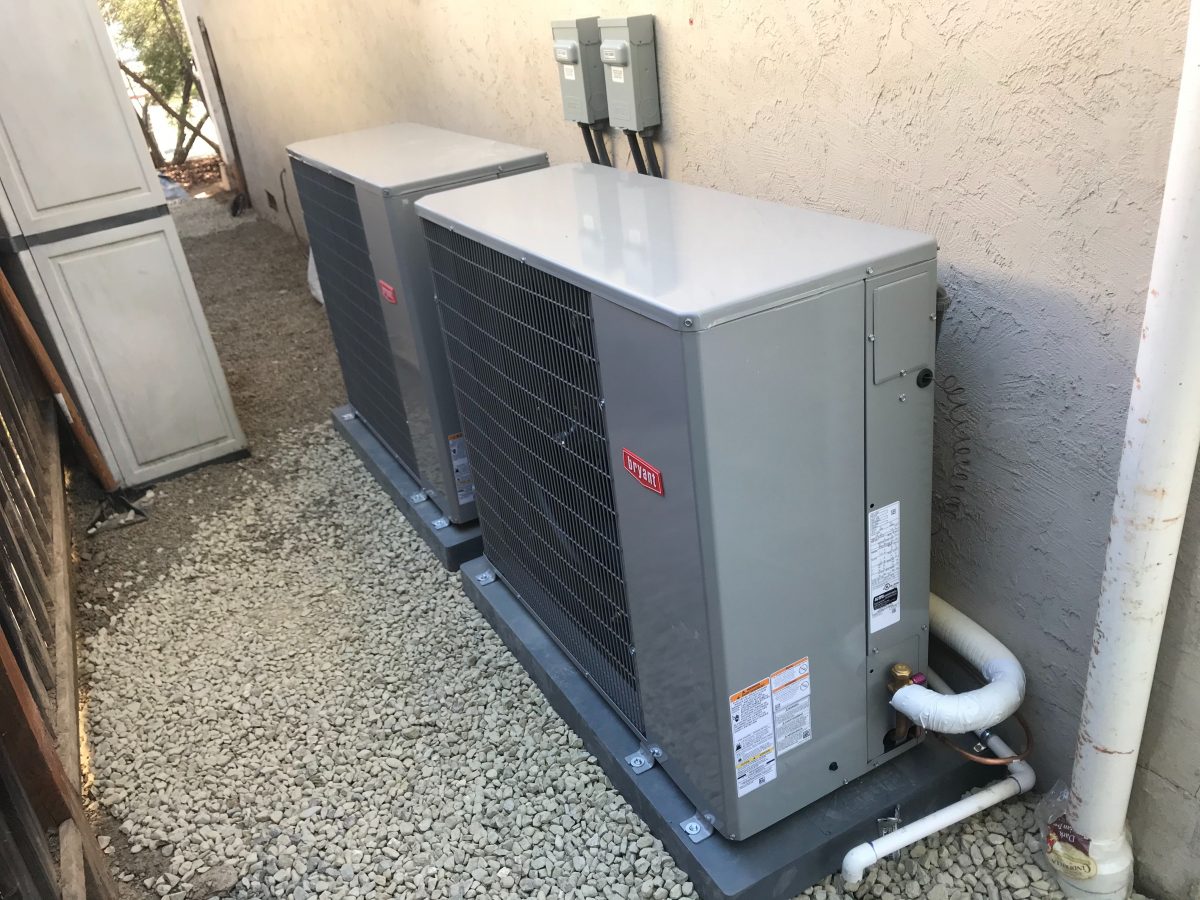 Two 96% efficiency HVAC systems with slim size condenser unit installation in San Jose, California.
