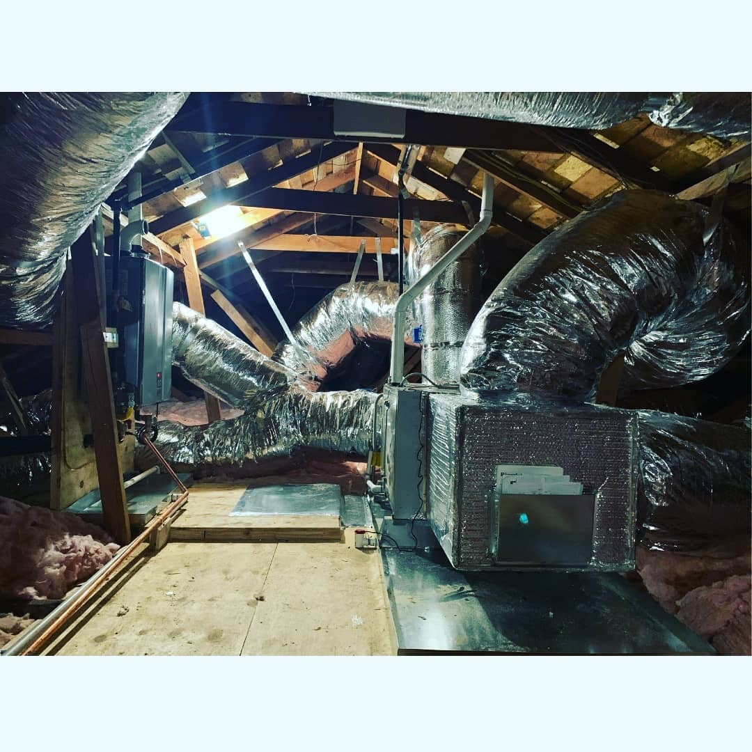 HVAC system installation in the attic in Los Gatos, California. Before and after.